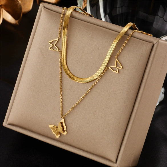 Wholesale Titanium Steel Double Layer Stacked Hollow Butterfly Clavicle Chain Snake Bone Chain Style Electroplated For Women