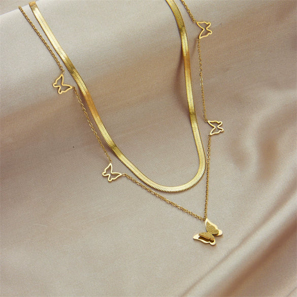 Wholesale Titanium Steel Double Layer Stacked Hollow Butterfly Clavicle Chain Snake Bone Chain Style Electroplated For Women