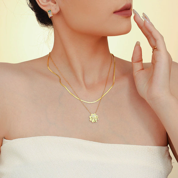 Wholesale Titanium Steel Doublelayer Clavicle Necklace For Women With Microinlaid Zircon Geometric Letter Number And Text Pattern Electroplated Fourleaf Flower Design