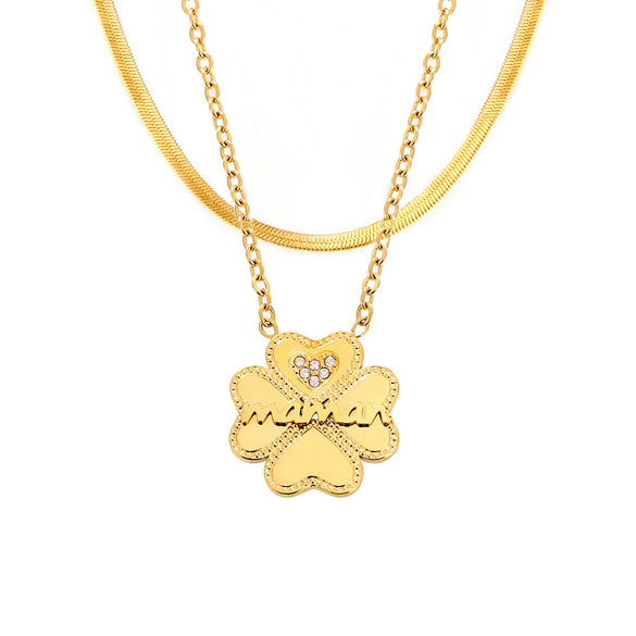 Wholesale Titanium Steel Doublelayer Clavicle Necklace For Women With Microinlaid Zircon Geometric Letter Number And Text Pattern Electroplated Fourleaf Flower Design