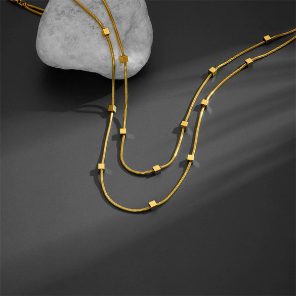 Wholesale Titanium Steel Doublelayer Small Square Geometric Women's Necklace With Vacuum Electroplating In Furnace