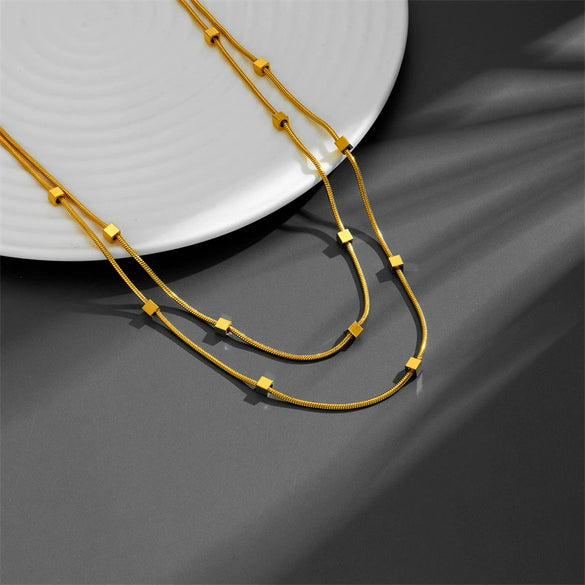 Wholesale Titanium Steel Doublelayer Small Square Geometric Women's Necklace With Vacuum Electroplating In Furnace