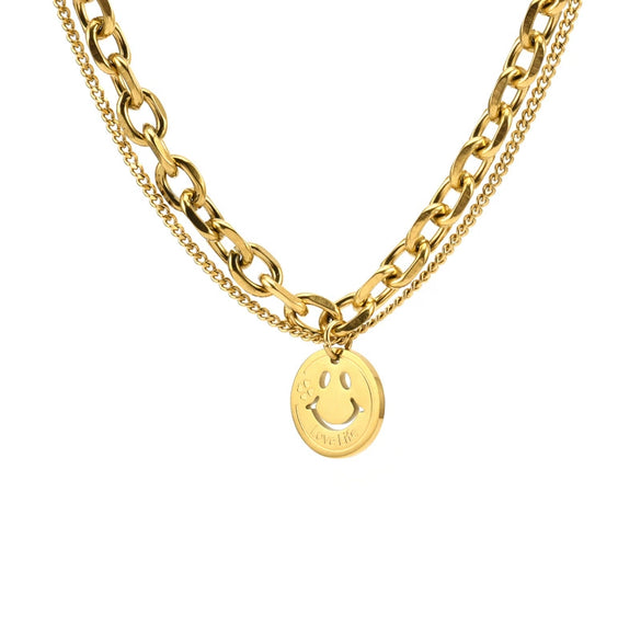 Wholesale Titanium Steel Doublelayer Smiley Tag Collar Chain Necklace With Electroplating For Women