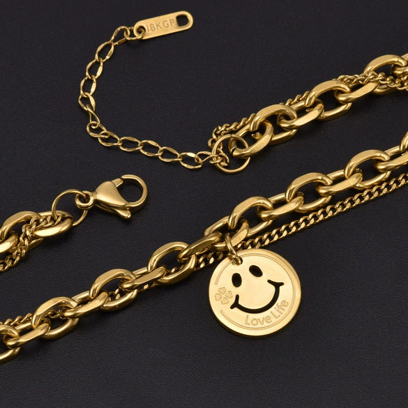 Wholesale Titanium Steel Doublelayer Smiley Tag Collar Chain Necklace With Electroplating For Women