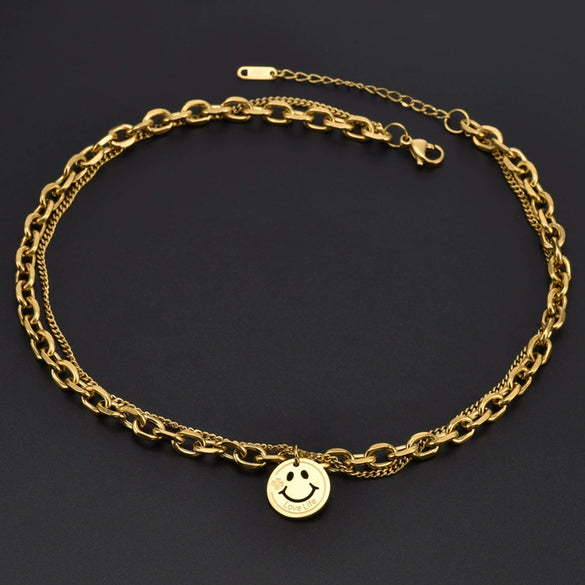 Wholesale Titanium Steel Doublelayer Smiley Tag Collar Chain Necklace With Electroplating For Women