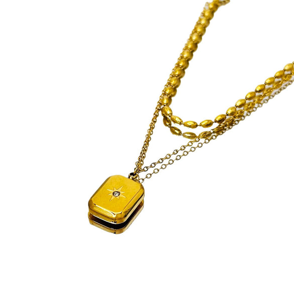 Wholesale Titanium Steel Doublelayer Stacked Necklace With Rice Beads And Sixpointed Star Wave Pattern Electroplated Fashion Niche Luxury Clavicle Chain For Women