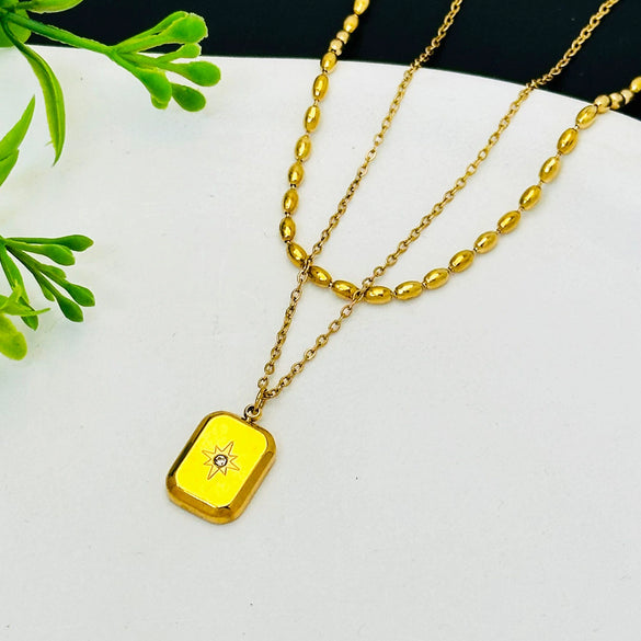 Wholesale Titanium Steel Doublelayer Stacked Necklace With Rice Beads And Sixpointed Star Wave Pattern Electroplated Fashion Niche Luxury Clavicle Chain For Women