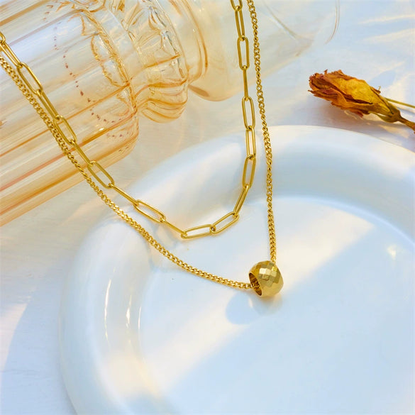 Wholesale Titanium Steel Doublelayer Stacked Round Bead Pendant Necklace Geometric Style Electroplated For Women