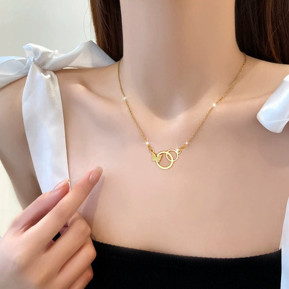 Wholesale Titanium Steel Doublering Butterfly Geometric Electroplated Women's Fashion Necklace