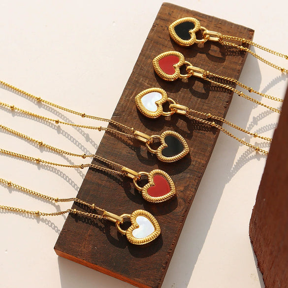 Wholesale 316L Stainless Steel Doublesided Peach Heart Geometric Love Pendant Necklace Gold Plated