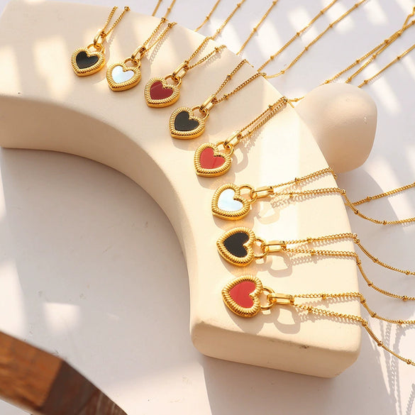 Wholesale 316L Stainless Steel Doublesided Peach Heart Geometric Love Pendant Necklace Gold Plated
