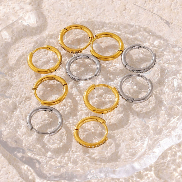 Wholesale Titanium Steel Earrings And Plain Ring Set With Zircon Pvd Gold Plated Niche Design Circle Ear Buckle Geometric Pattern