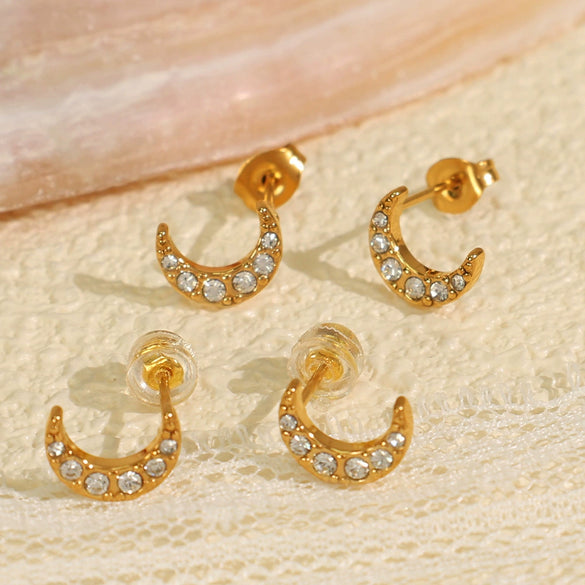 Wholesale 316L Stainless Steel Earrings Electroplated Inlaid Zircon Crescent Moon Fashion Style For Women