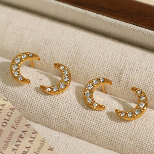 Wholesale 316L Stainless Steel Earrings Electroplated Inlaid Zircon Crescent Moon Fashion Style For Women