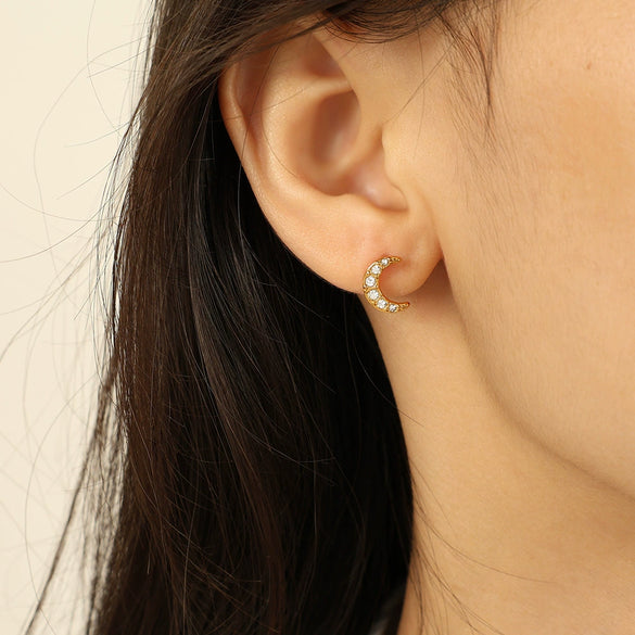 Wholesale 316L Stainless Steel Earrings Electroplated Inlaid Zircon Crescent Moon Fashion Style For Women