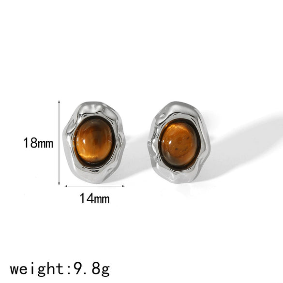 Wholesale Titanium Steel Earrings French Retro Style Geometric Inlaid Natural Stone For Ladies
