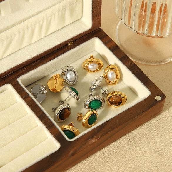 Wholesale Titanium Steel Earrings French Retro Style Geometric Inlaid Natural Stone For Ladies