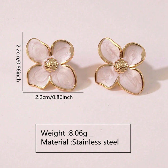 Wholesale Titanium Steel Earrings Retro Palace Flower Style Fourpetal Flower Dripping Oil Treatment For Women