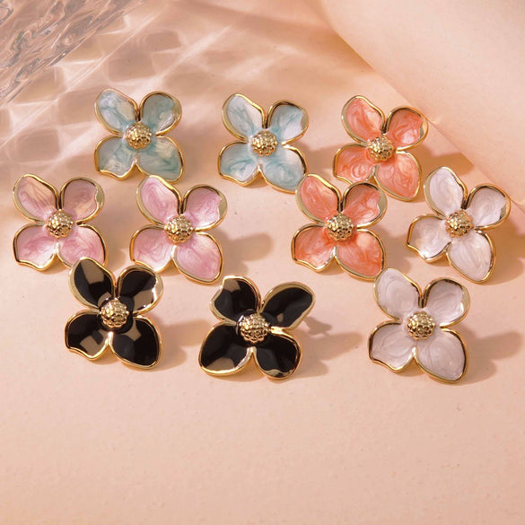 Wholesale Titanium Steel Earrings Retro Palace Flower Style Fourpetal Flower Dripping Oil Treatment For Women
