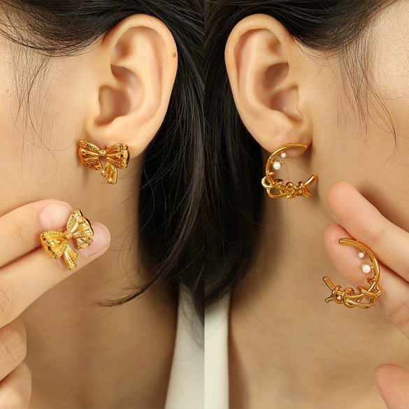 Wholesale 316L Stainless Steel Earrings With Crescent Twist Flower And Bow Design Cold Style Electroplated