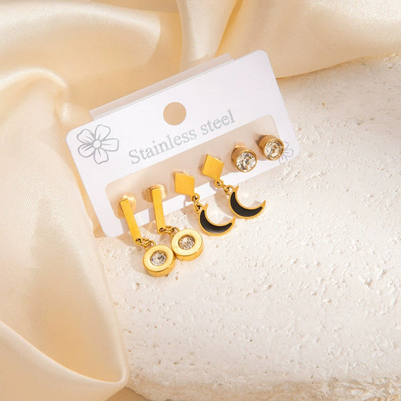 Wholesale Titanium Steel Earrings With Five Pointed Star Love And Moon Shapes Light Luxury Style Geometric Design 18K Plated