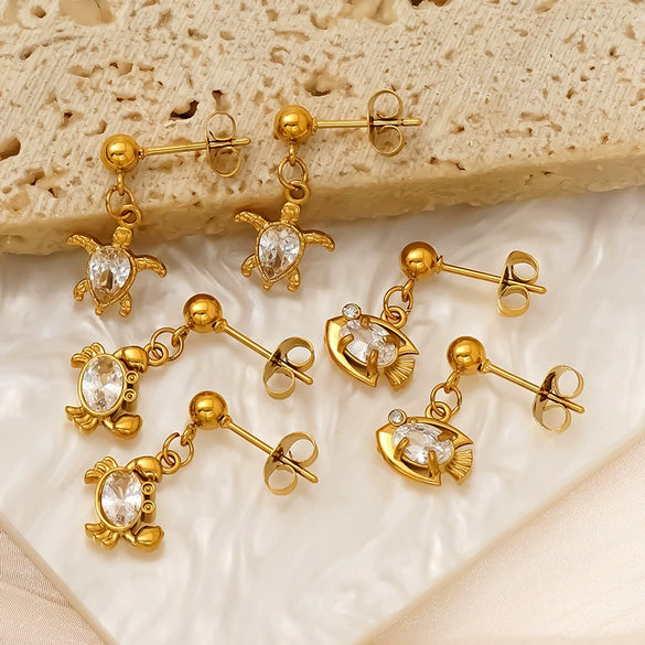Wholesale Titanium Steel Electroplated Animal Zodiac Crab Zircon Earrings For Women