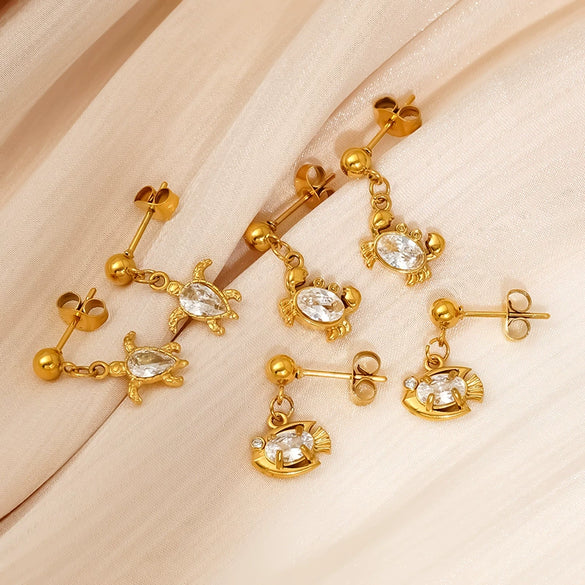 Wholesale Titanium Steel Electroplated Animal Zodiac Crab Zircon Earrings For Women