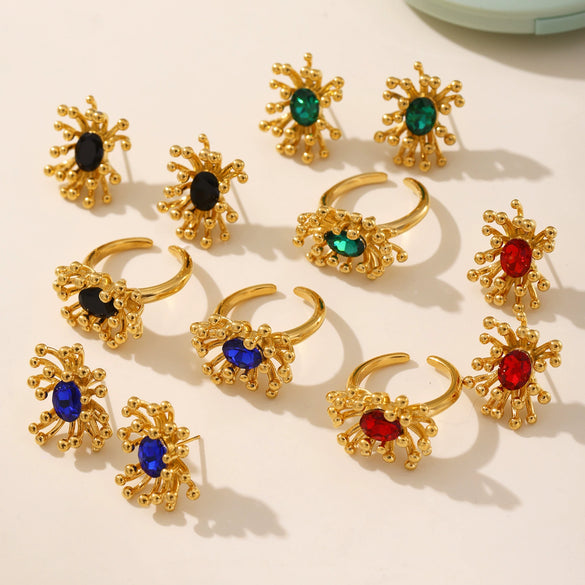 Wholesale Titanium Steel Electroplated Ferris Wheel Flower Stamen Inlaid Zircon Unisex Jewelry Set With Earrings And Rings