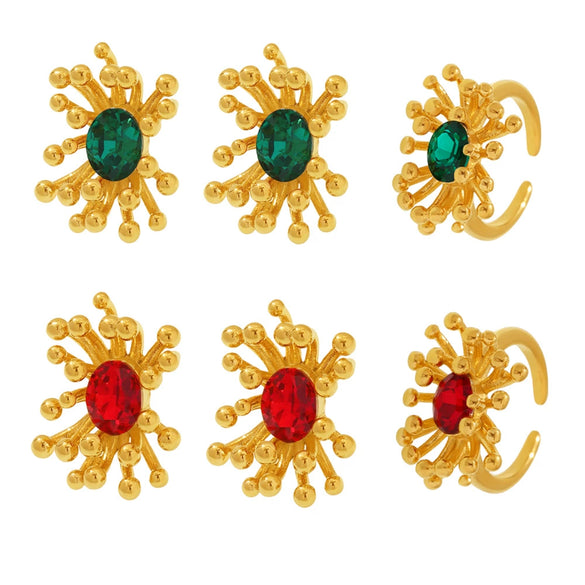 Wholesale Titanium Steel Electroplated Ferris Wheel Flower Stamen Inlaid Zircon Unisex Jewelry Set With Earrings And Rings