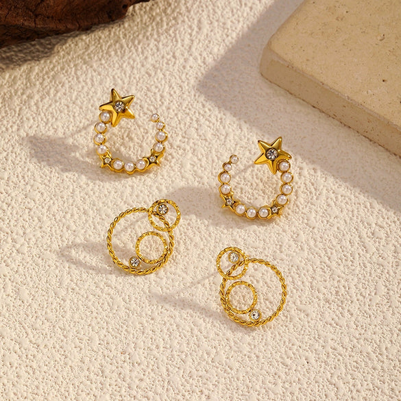 Wholesale Titanium Steel Electroplated Geometric Fivepointed Star And Cshaped Pearl Earrings For Women