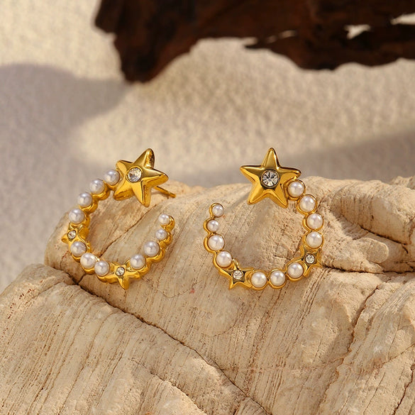 Wholesale Titanium Steel Electroplated Geometric Fivepointed Star And Cshaped Pearl Earrings For Women