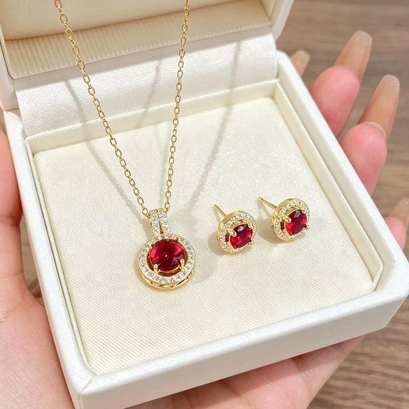 Wholesale Titanium Steel Electroplated Geometric Light Luxury Style Round Zircon Inlaid Copper Jewelry Set Earrings And Necklaces For Women