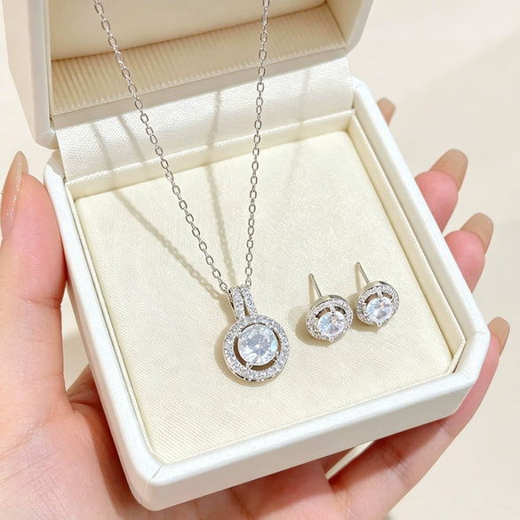 Wholesale Titanium Steel Electroplated Geometric Light Luxury Style Round Zircon Inlaid Copper Jewelry Set Earrings And Necklaces For Women