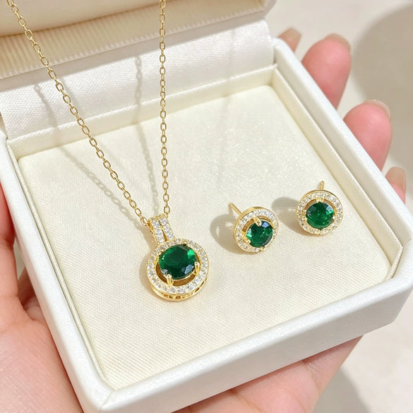 Wholesale Titanium Steel Electroplated Geometric Light Luxury Style Round Zircon Inlaid Copper Jewelry Set Earrings And Necklaces For Women