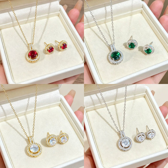 Wholesale Titanium Steel Electroplated Geometric Light Luxury Style Round Zircon Inlaid Copper Jewelry Set Earrings And Necklaces For Women