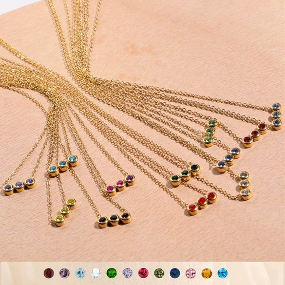 Wholesale Titanium Steel Electroplated Geometric Three Round Zircon Inlaid Birthday Stone Pendant Necklace For Women