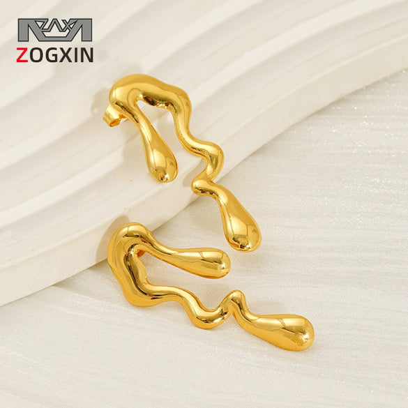 Wholesale 316L Stainless Steel Electroplated Wave Geometric Irregular Water Drop Shape Earrings