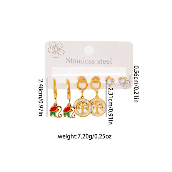 Wholesale Titanium Steel Elephant Lucky Tree Earrings Set For Women Geometric Pattern Electroplated