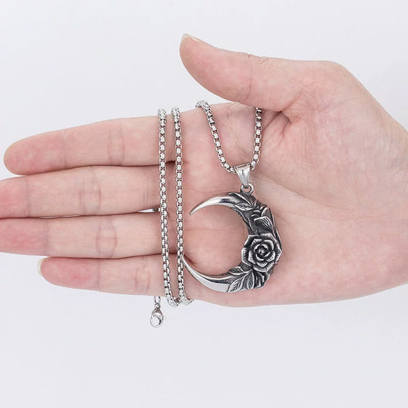 Wholesale Titanium Steel Entwining Rose Moon Pendant Necklace For Unisex Electroplated Creative Minimalist Style