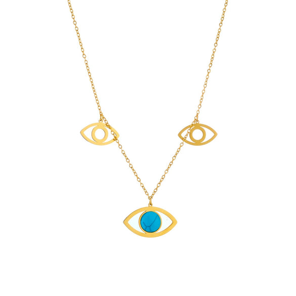 Wholesale Titanium Steel Facial Features Style Hollow Blue Turquoise Eye Pendant Necklace With Electroplating