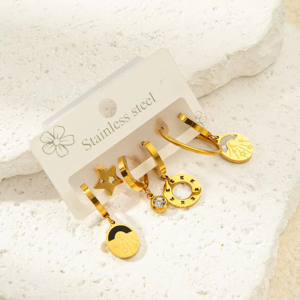 Wholesale Titanium Steel Fashion Geometric Sun And Star Earrings Set With Electroplating For Women