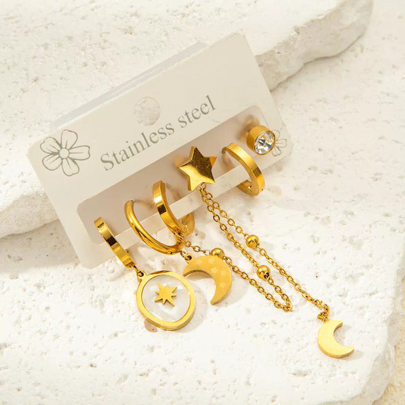 Wholesale Titanium Steel Fashion Geometric Sun And Star Earrings Set With Electroplating For Women