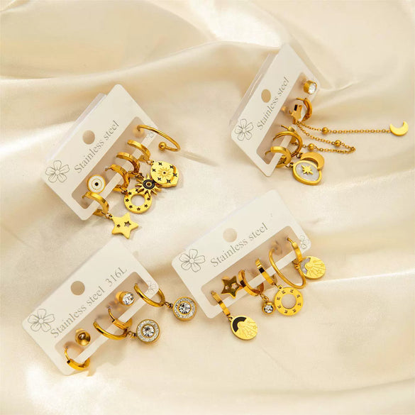 Wholesale Titanium Steel Fashion Geometric Sun And Star Earrings Set With Electroplating For Women
