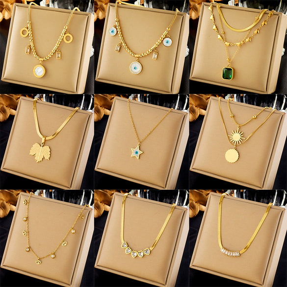 Wholesale Titanium Steel Fashion Retro Cold Style Goldplated Clavicle Chain With Diamond Heart Eightpointed Star Pendant Necklace For Women
