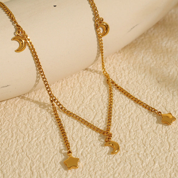 Wholesale 316L Stainless Steel Fashion Simple Necklace With Star Moon Shape Pendant And Electroplating Design