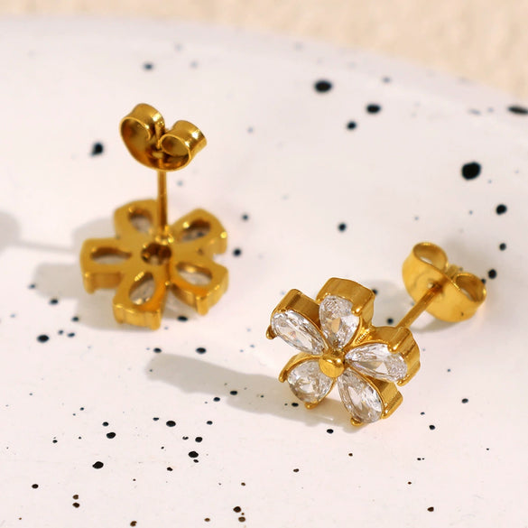 Wholesale 316L Stainless Steel Fashion Simple Temperament Inlaid Transparent Diamond Flower Earrings With Electroplating For Women