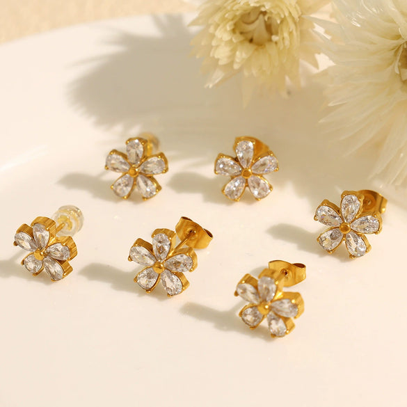 Wholesale 316L Stainless Steel Fashion Simple Temperament Inlaid Transparent Diamond Flower Earrings With Electroplating For Women