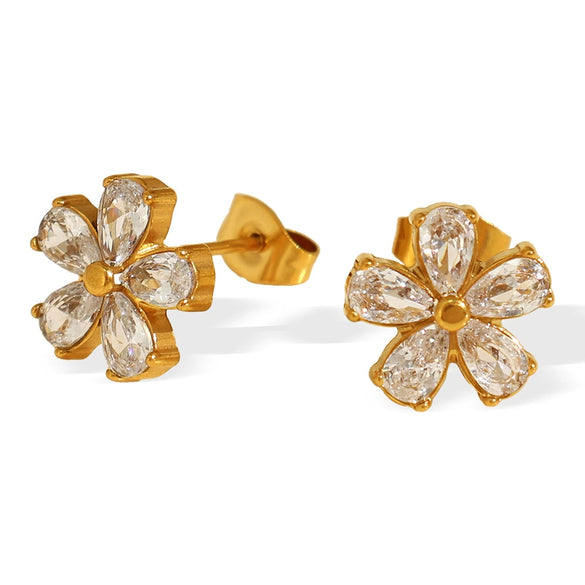 Wholesale 316L Stainless Steel Fashion Simple Temperament Inlaid Transparent Diamond Flower Earrings With Electroplating For Women