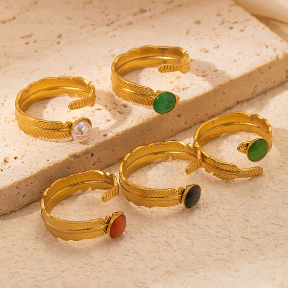 Wholesale Titanium Steel Feather Ring Inlaid With Natural Stone Retro Light Luxury Electroplated Diamond Pattern For Women