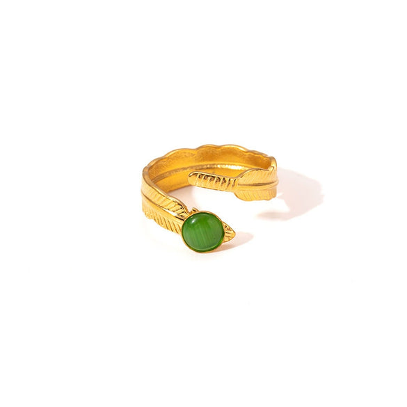 Wholesale Titanium Steel Feather Ring Inlaid With Natural Stone Retro Light Luxury Electroplated Diamond Pattern For Women